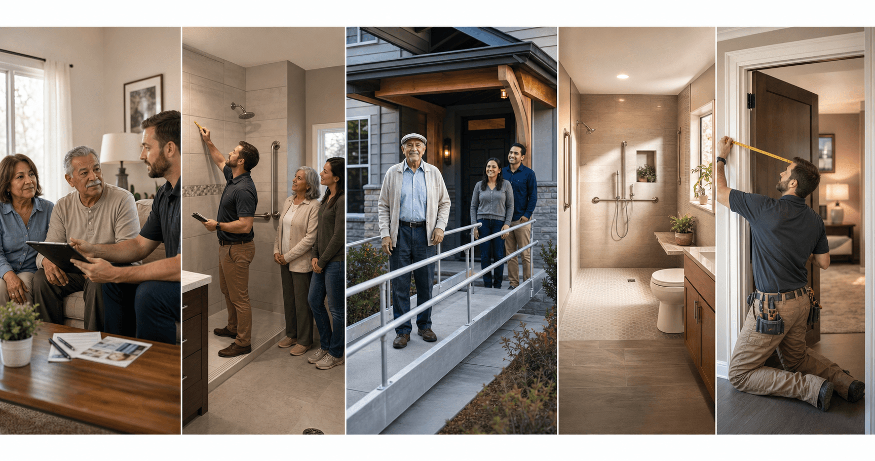 Editorial visual montage showing a family, caregiver, and home modification contractor planning safer home modifications.
